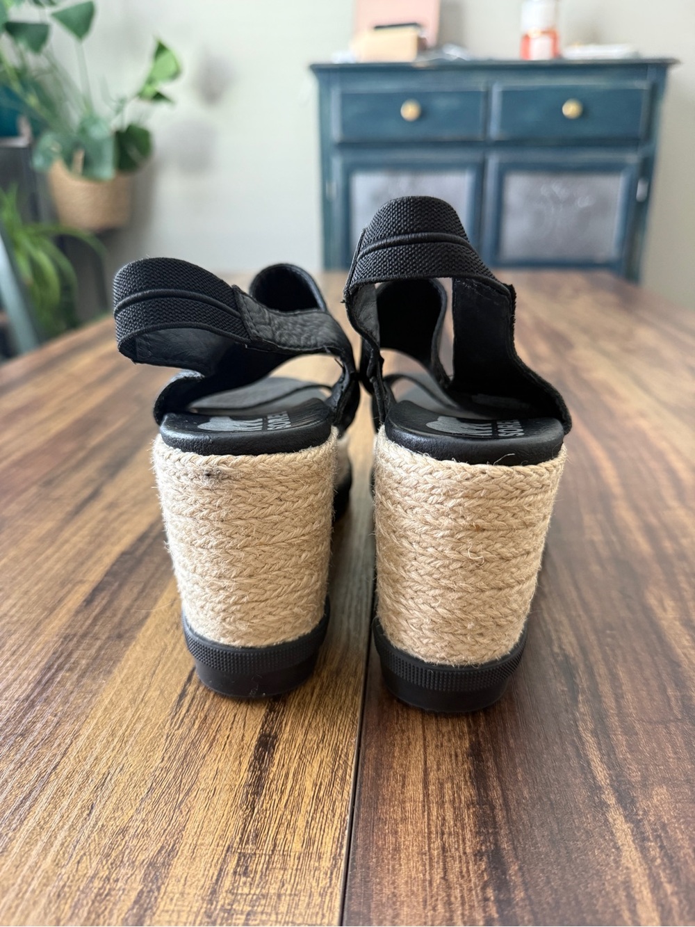Sorel Black Leather-Look Espadrille Wedge Sandals - Picture 3 of 7